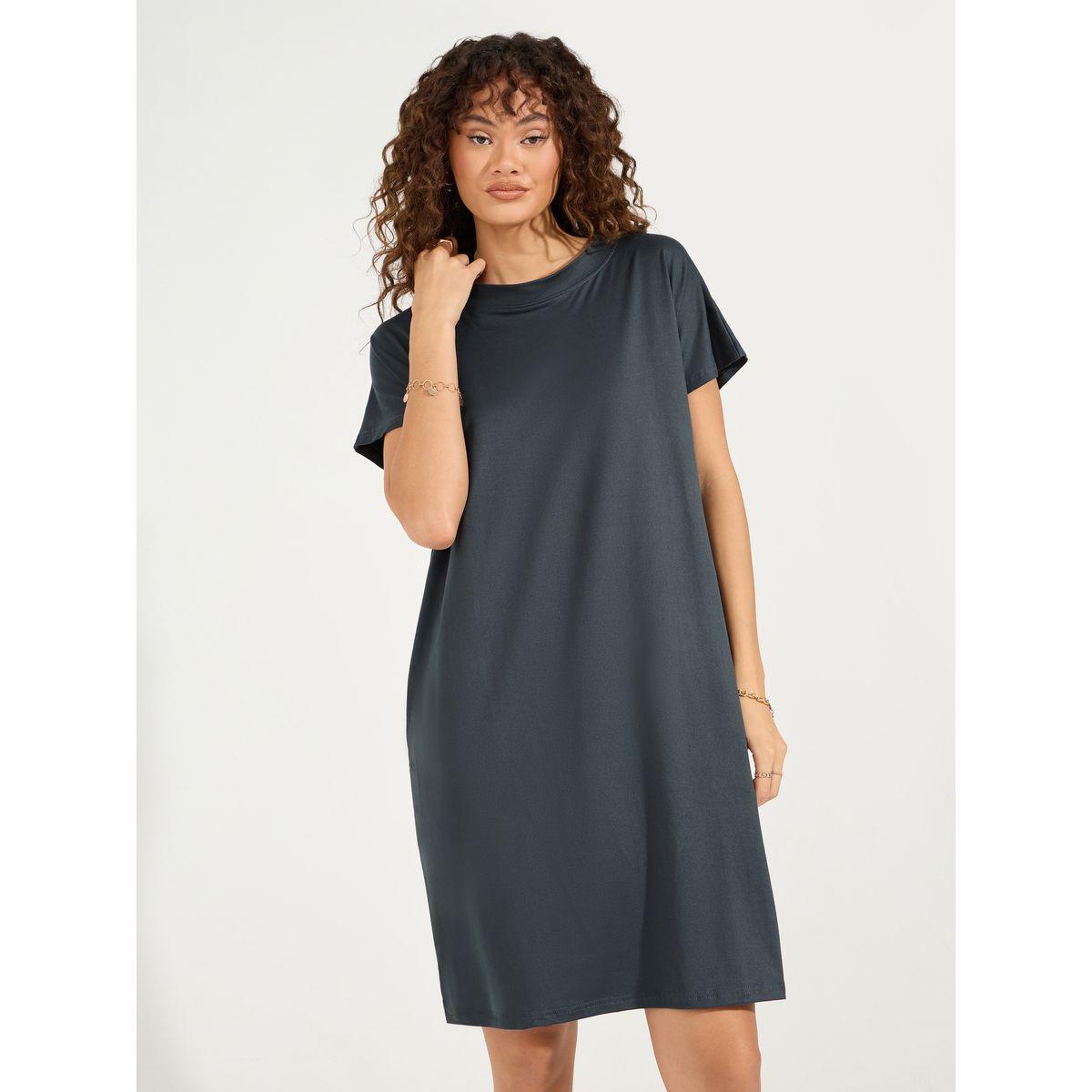 Styli Plain Short Sleeves Shift Knee-Length Dress-women-clothing-dresses-image-5