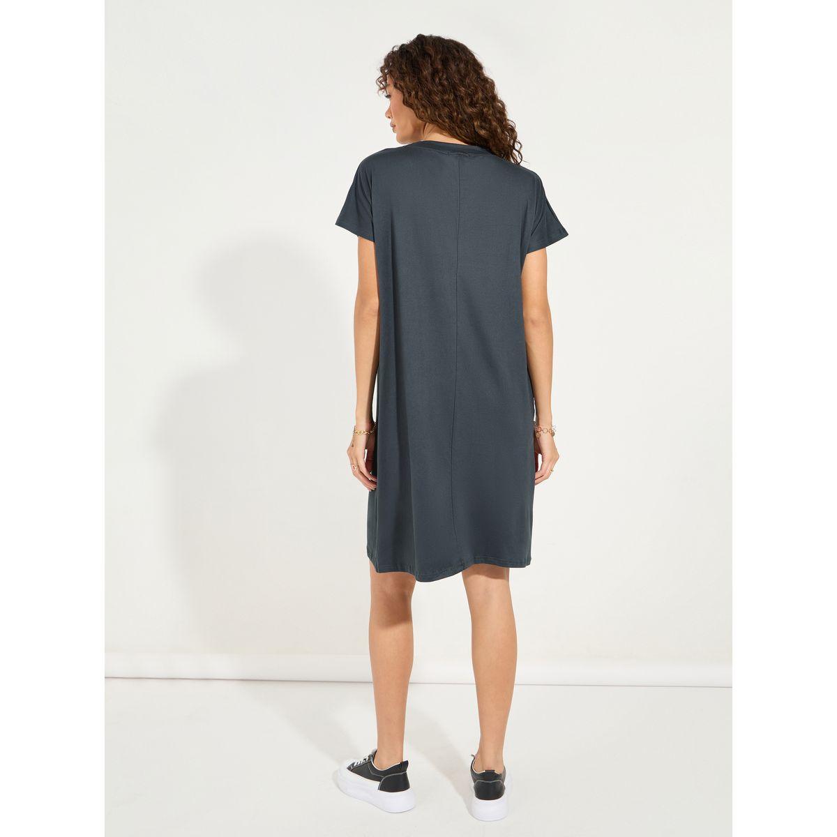 Styli Plain Short Sleeves Shift Knee-Length Dress-women-clothing-dresses-image-6
