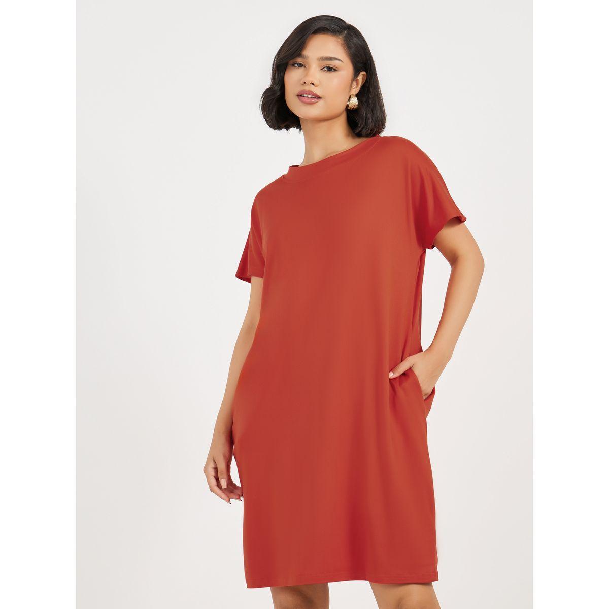 فستان سادة بطول الركبة مع أكمام قصيرة-women-clothing-dresses-image-1