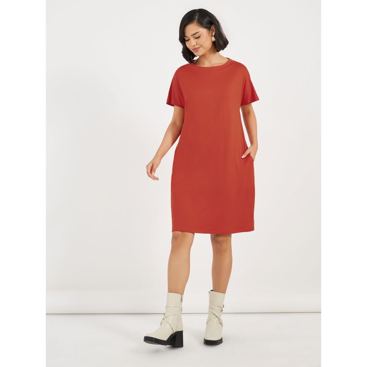 فستان سادة بطول الركبة مع أكمام قصيرة-women-clothing-dresses-image-2