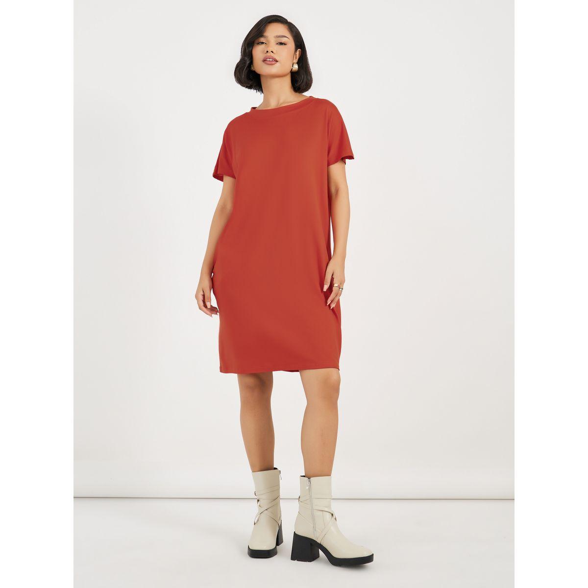 فستان سادة بطول الركبة مع أكمام قصيرة-women-clothing-dresses-image-4