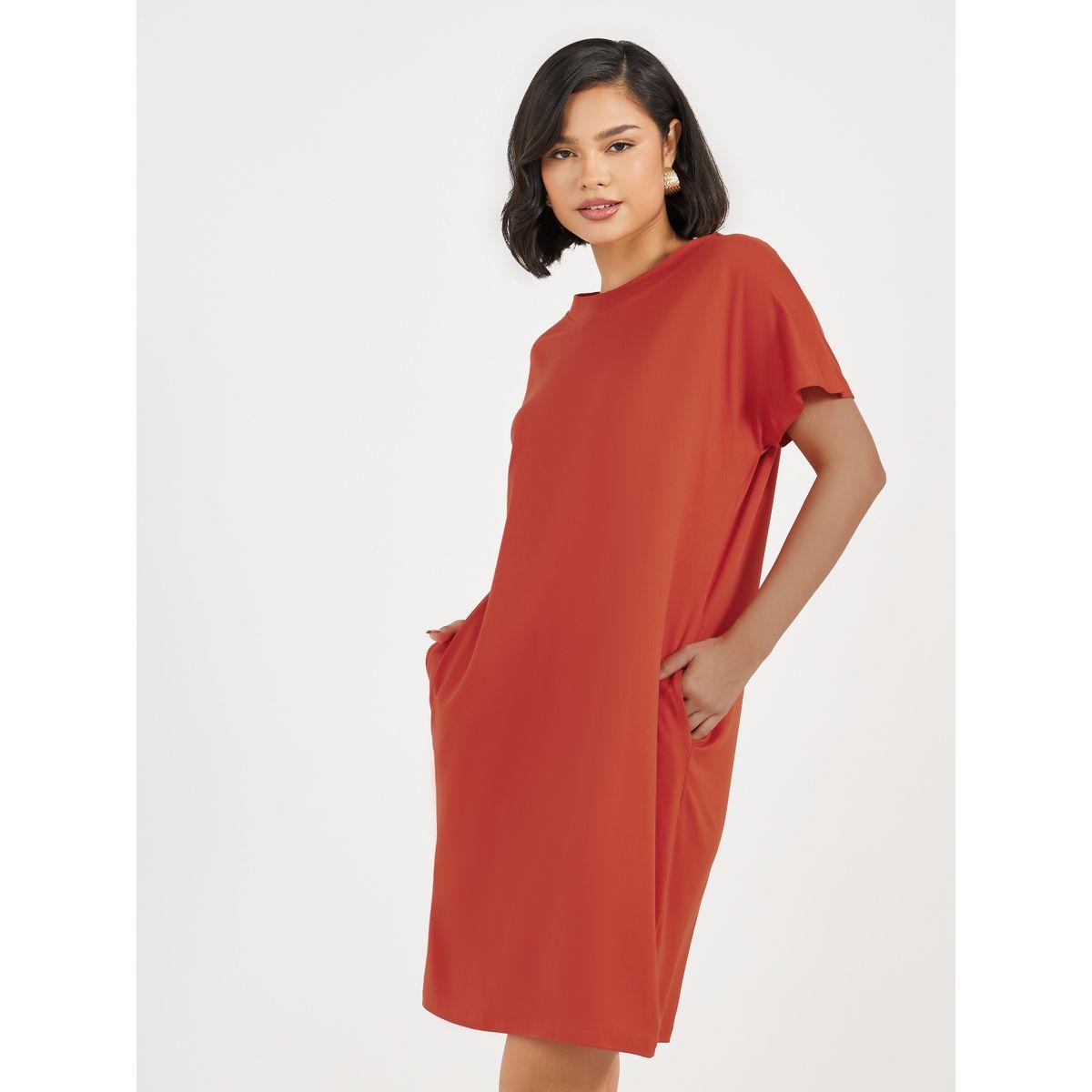 فستان سادة بطول الركبة مع أكمام قصيرة-women-clothing-dresses-image-5