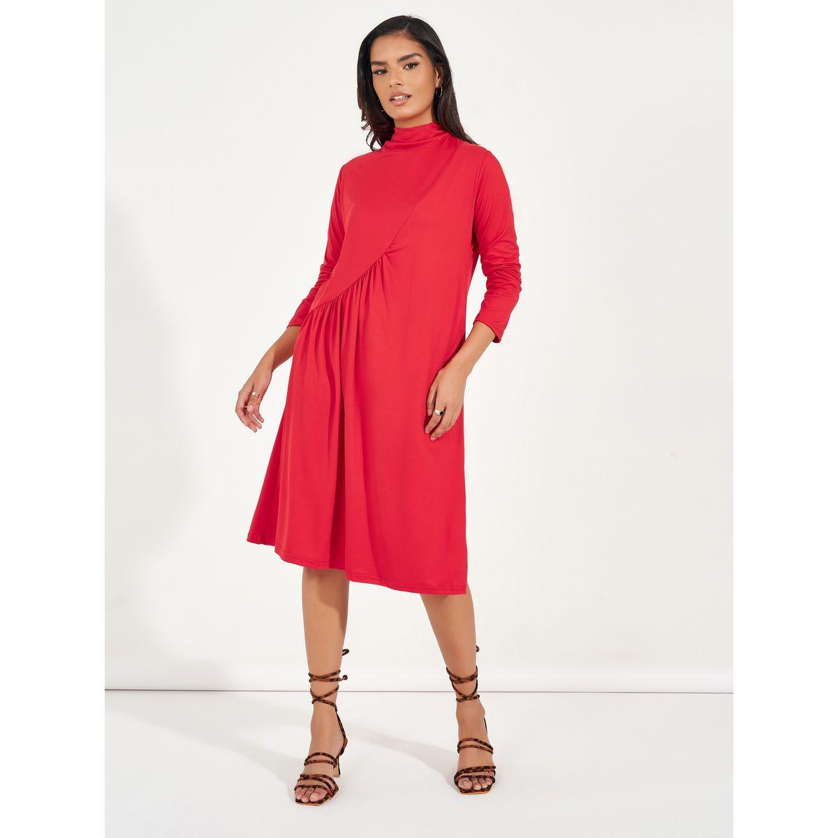 فستان بطول الركبة مع كسرات مزمومة-women-clothing-dresses-image-1