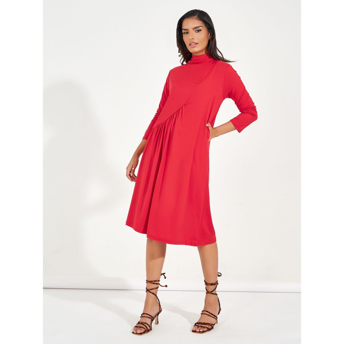 فستان بطول الركبة مع كسرات مزمومة-women-clothing-dresses-image-4