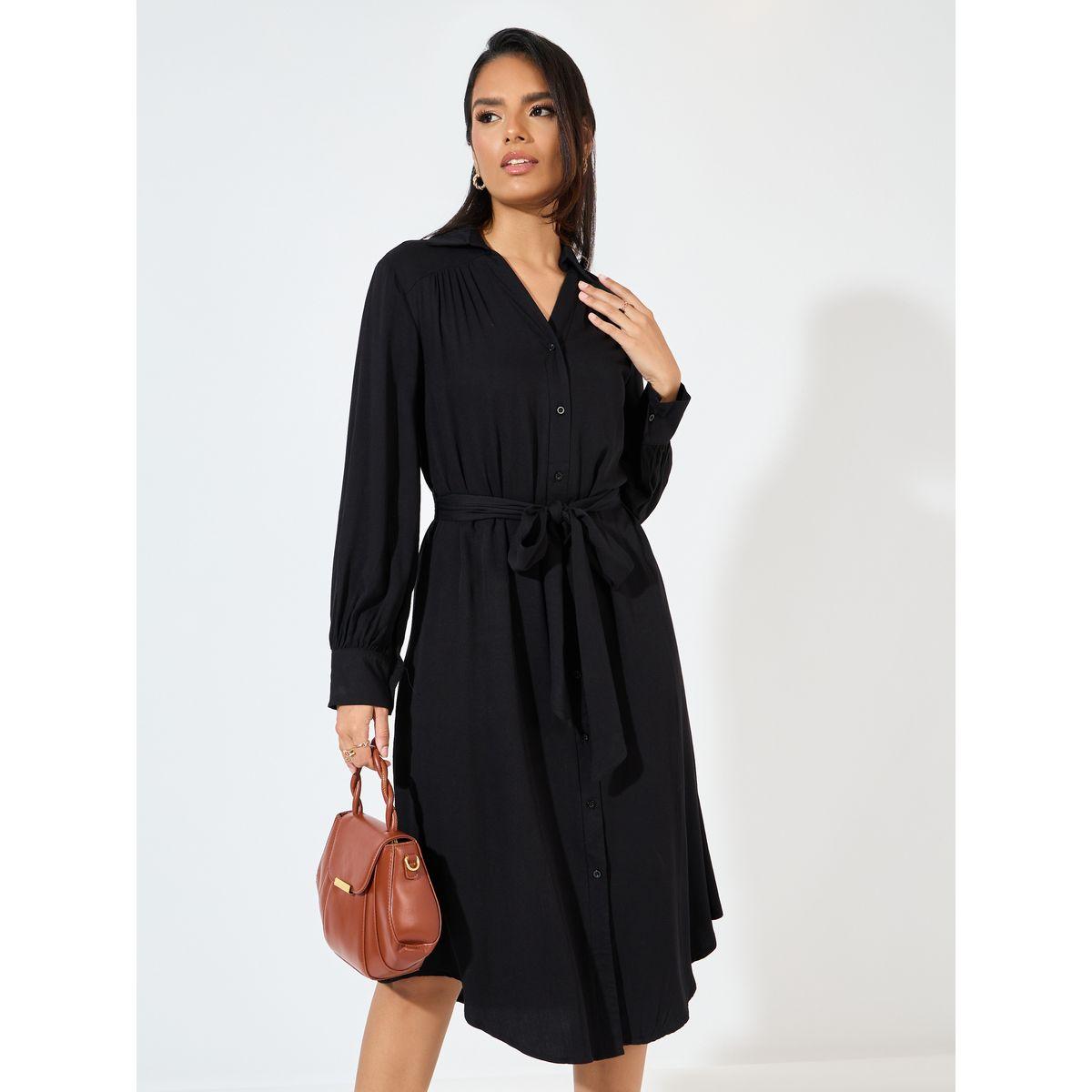 فستان ميدي مزين بأزرار مع حزام-women-clothing-dresses-image-2