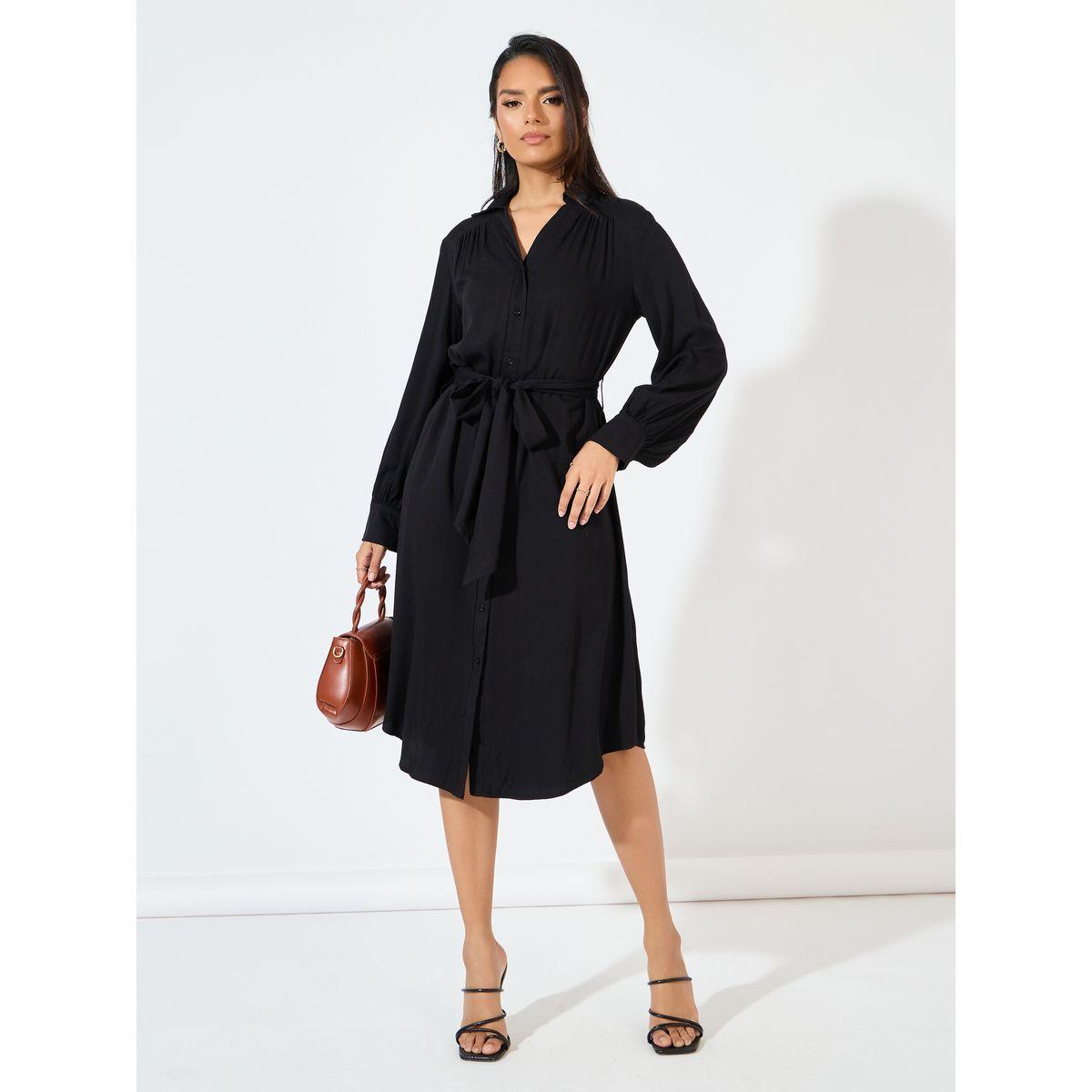 فستان ميدي مزين بأزرار مع حزام-women-clothing-dresses-image-4
