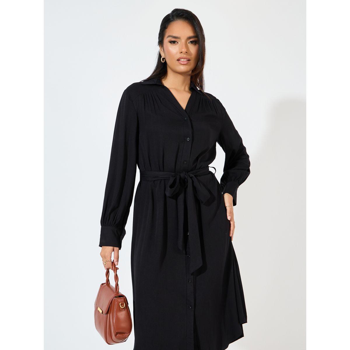 فستان ميدي مزين بأزرار مع حزام-women-clothing-dresses-image-5