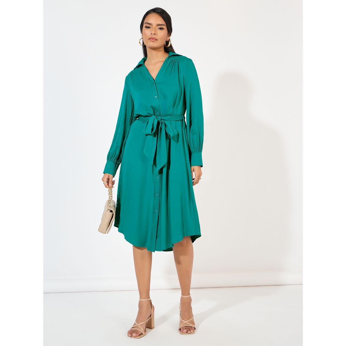 فستان ميدي مزين بأزرار مع حزام-women-clothing-dresses-image-1