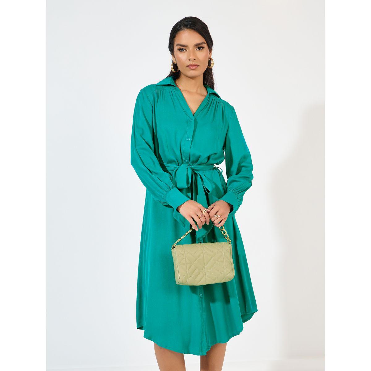 فستان ميدي مزين بأزرار مع حزام-women-clothing-dresses-image-2