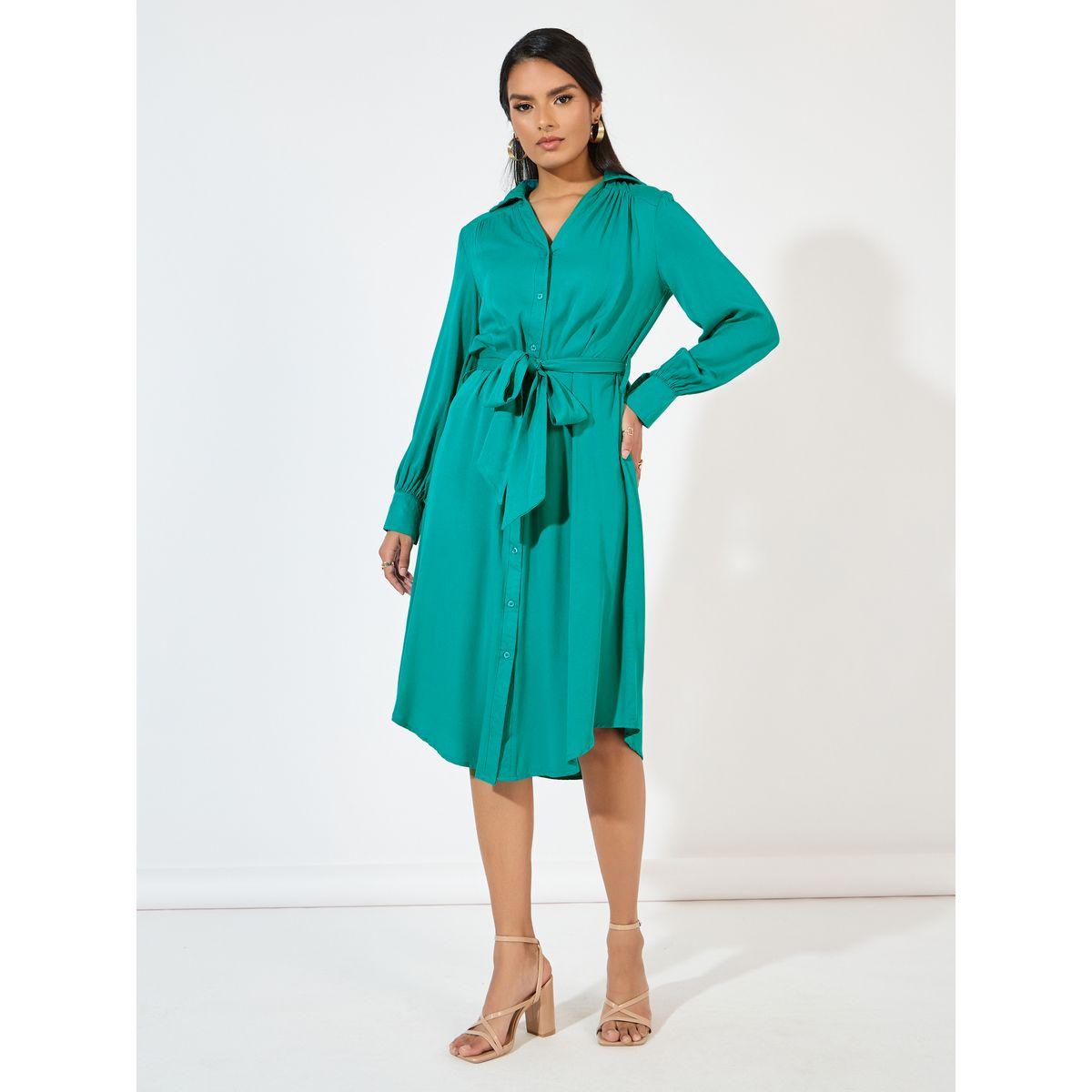 فستان ميدي مزين بأزرار مع حزام-women-clothing-dresses-image-4