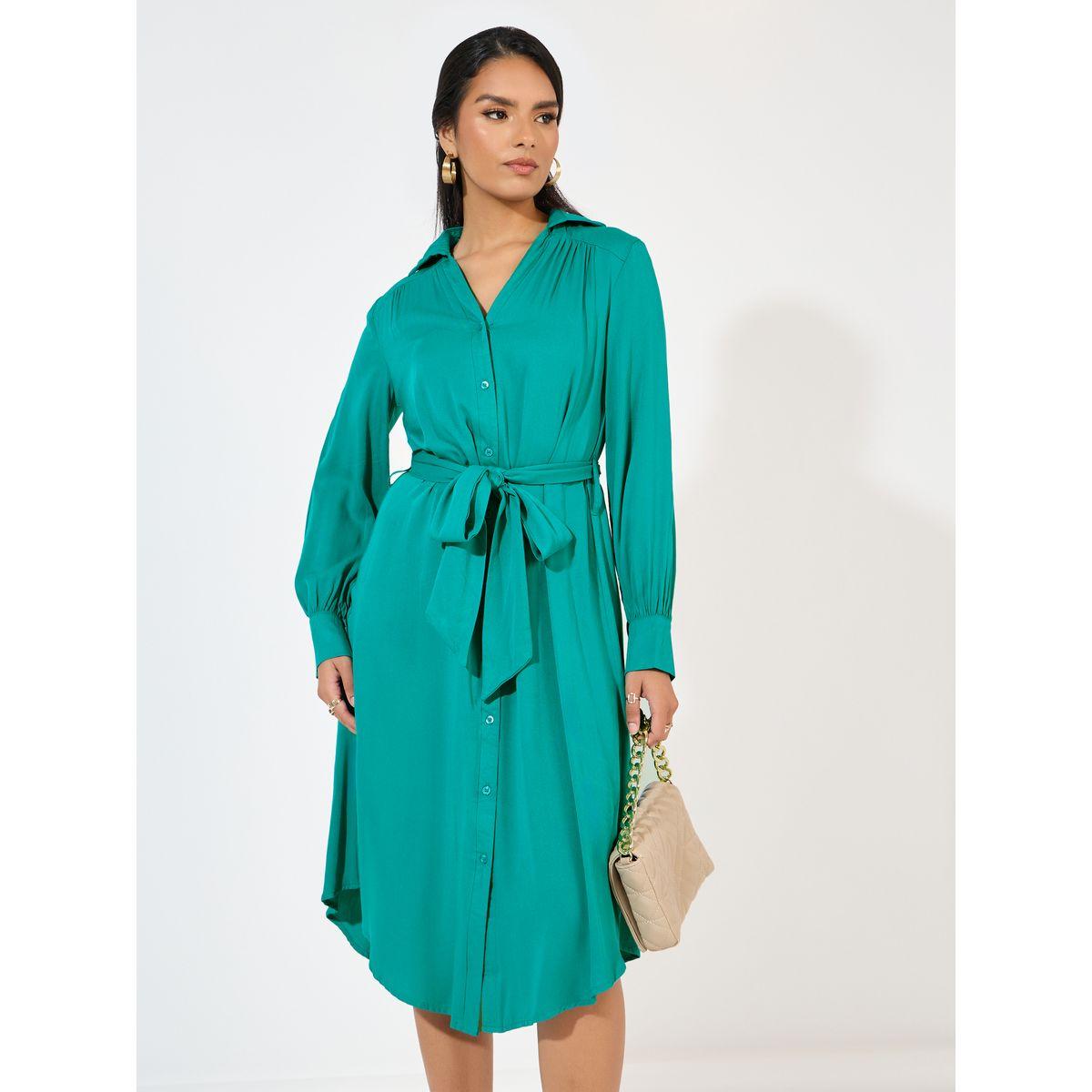 فستان ميدي مزين بأزرار مع حزام-women-clothing-dresses-image-5