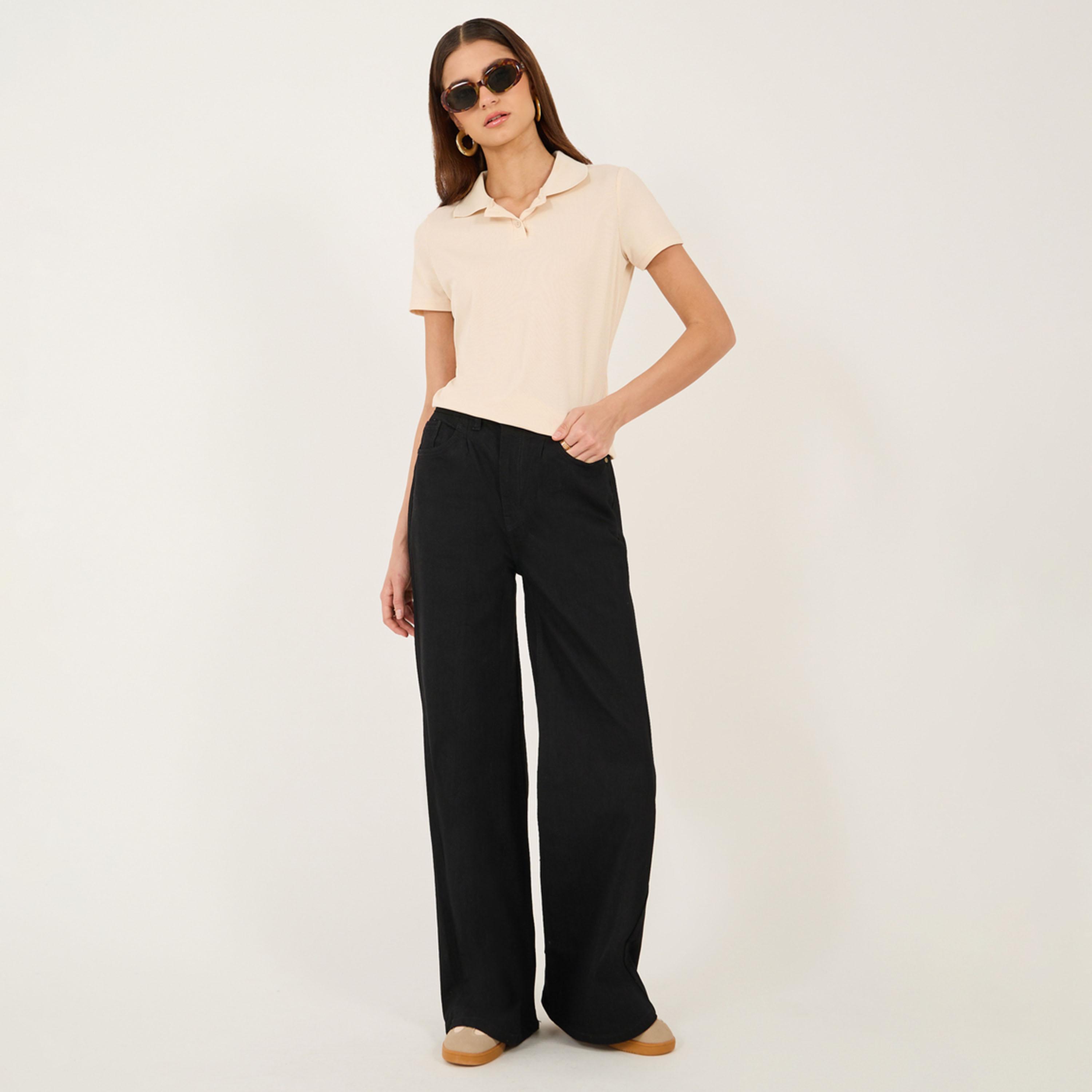 ستايلي - بنطال جينز واسع الساق بخصر مرتفع وكسرات أمامية-women-clothing-bottoms-jeans-image-1