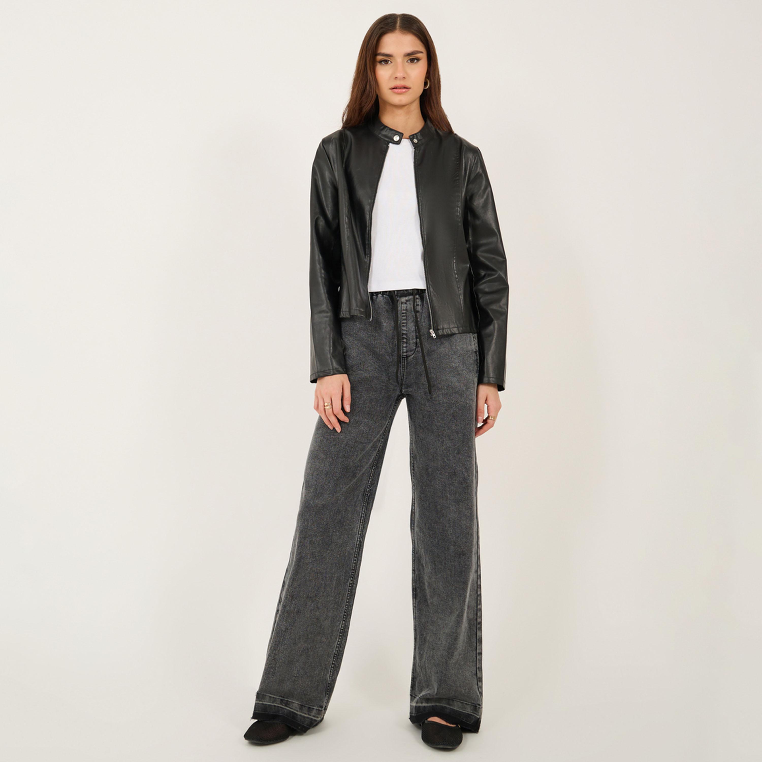 Styli High Rise Elasticated Waist Wide Leg Jeans with Frayed Hem-women-clothing-bottoms-jeans-image-1