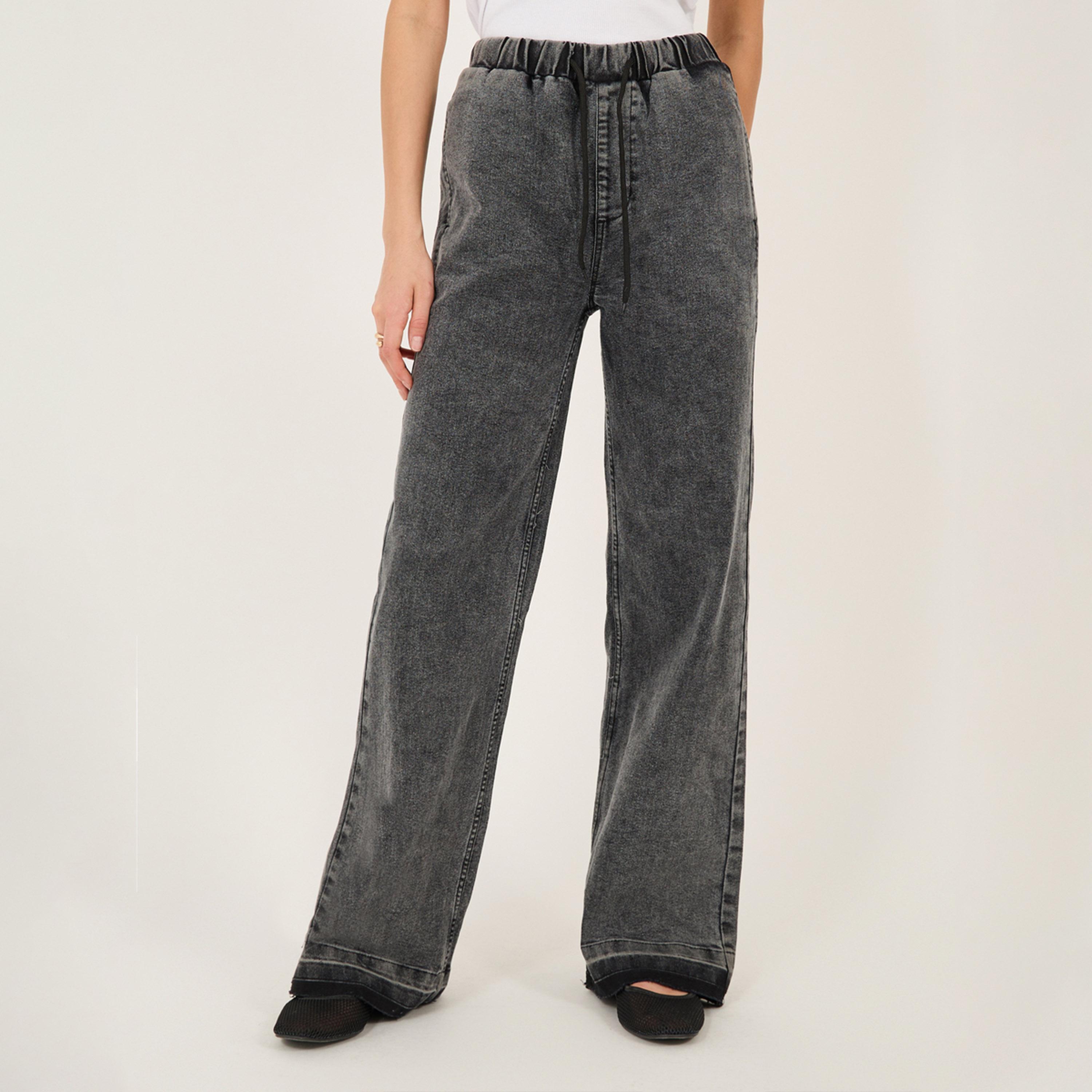Styli High Rise Elasticated Waist Wide Leg Jeans with Frayed Hem-women-clothing-bottoms-jeans-image-2