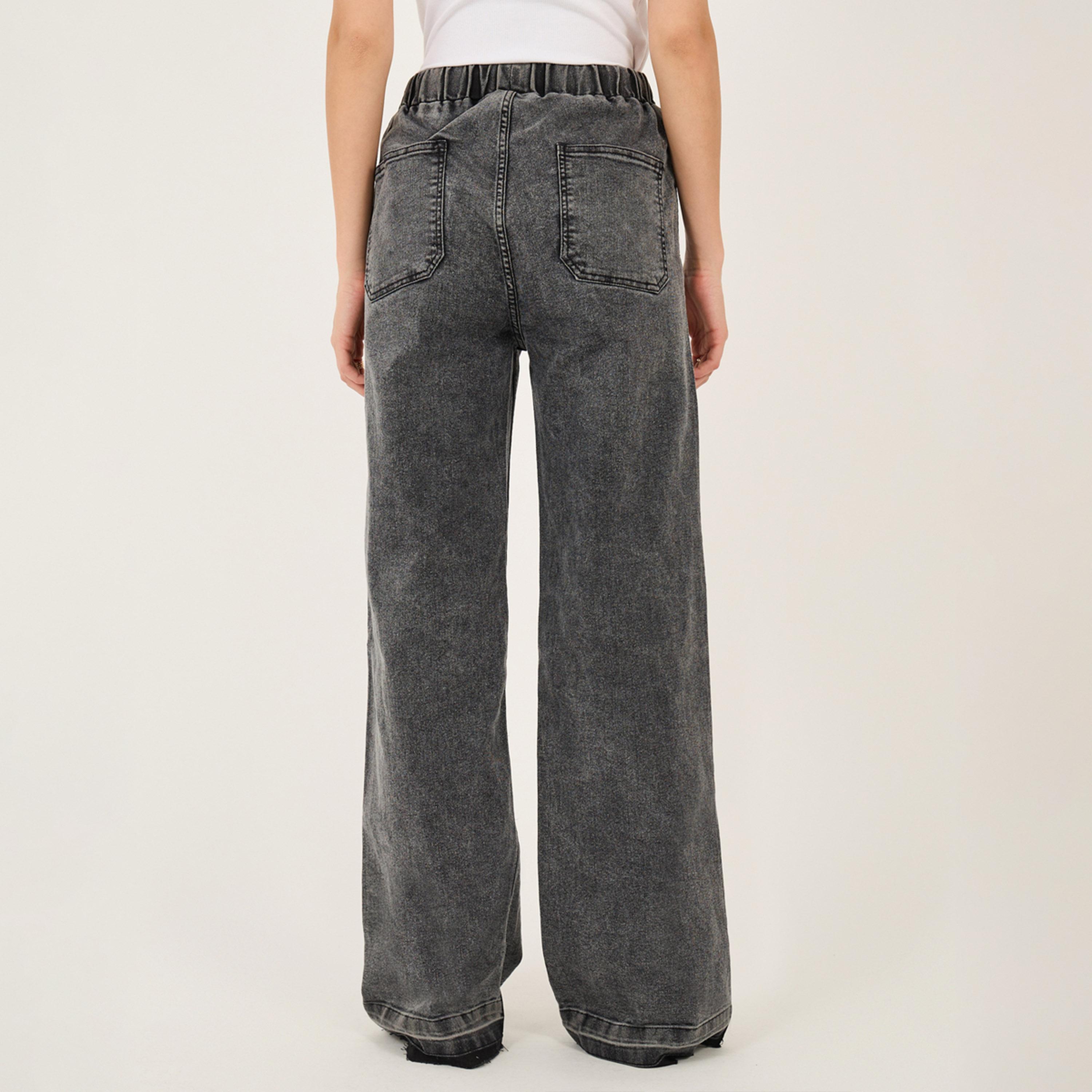 Styli High Rise Elasticated Waist Wide Leg Jeans with Frayed Hem-women-clothing-bottoms-jeans-image-4