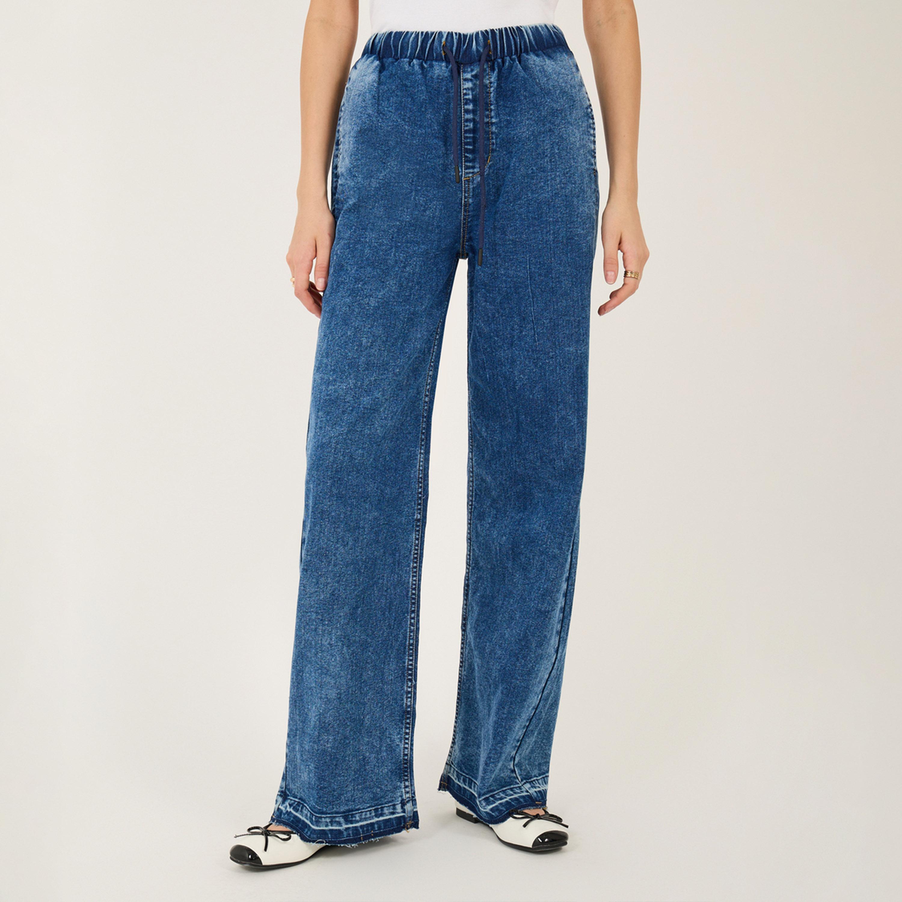 ستايلي - بنطال جينز واسع الساق بخصر مطاطي مرتفع مع حاشية منسلة-women-clothing-bottoms-jeans-image-2