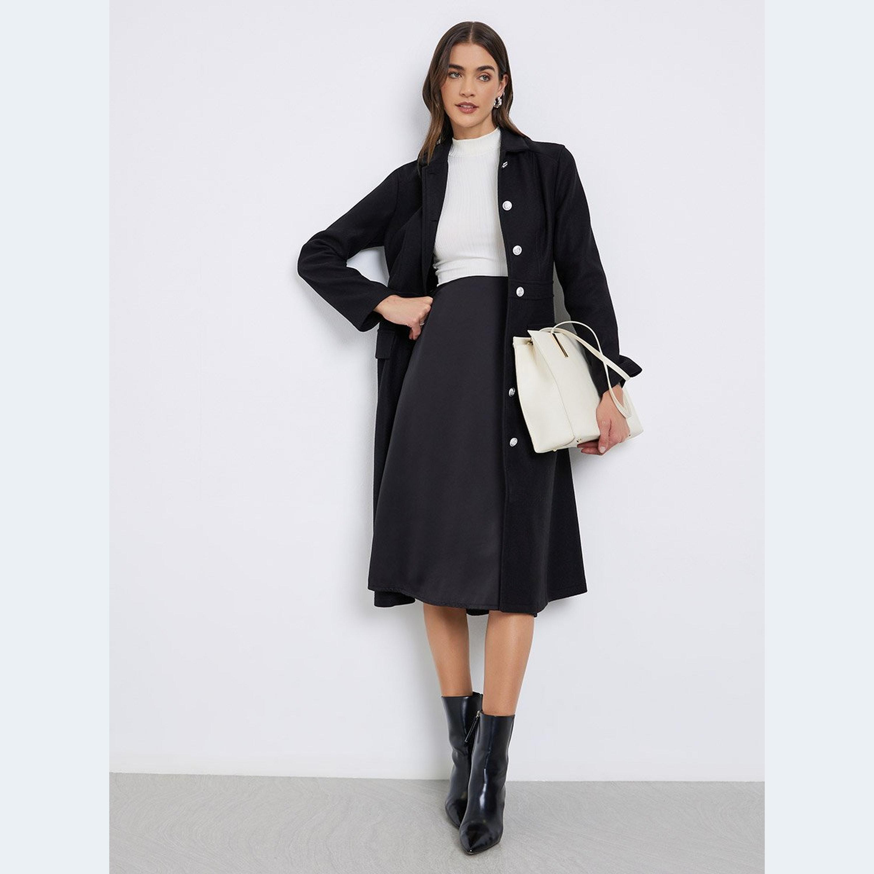 Styli Black Button-Down Knee-Length Coat-women-winterwear-coatsandjackets-coats-image-1