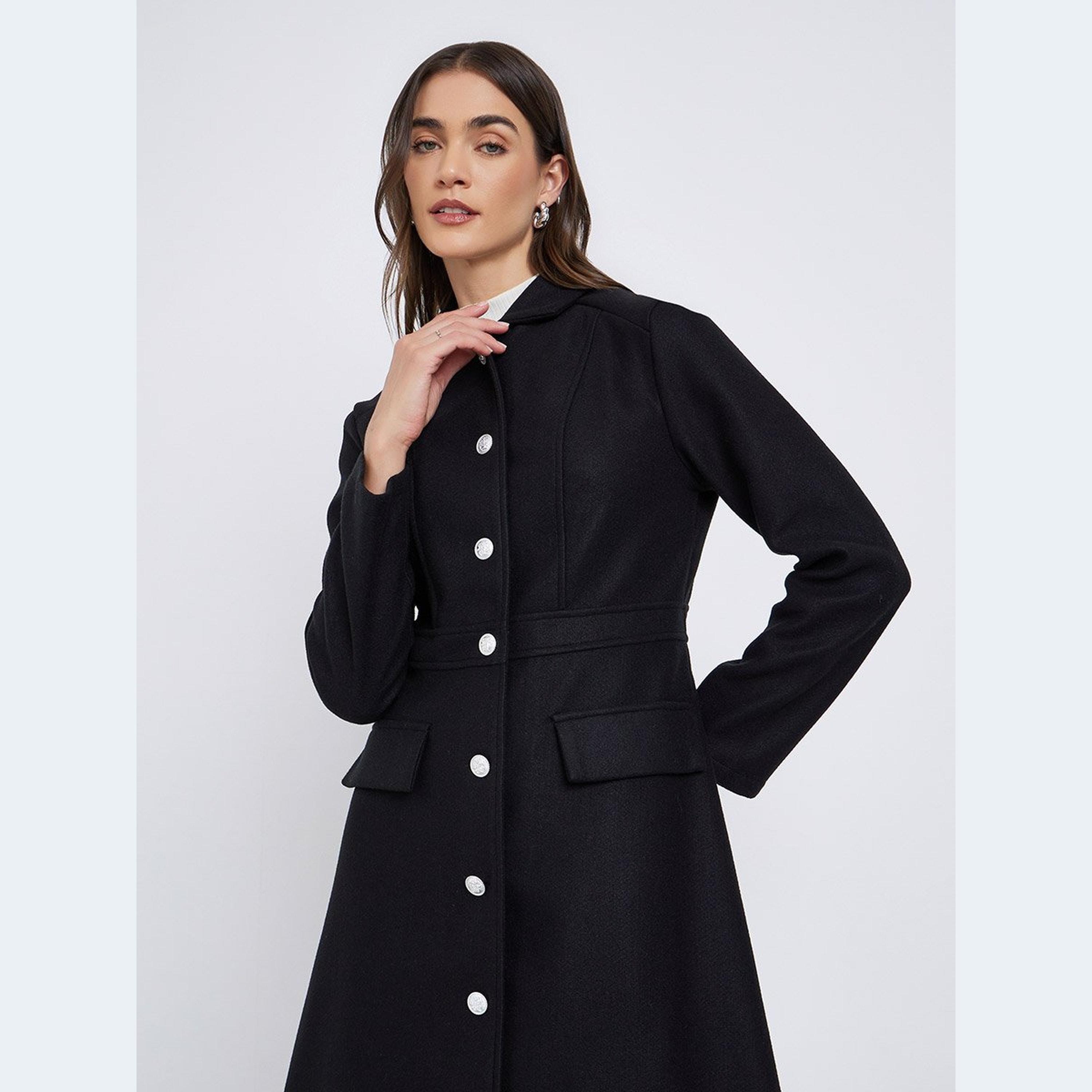 Styli Black Button-Down Knee-Length Coat-women-winterwear-coatsandjackets-coats-image-2