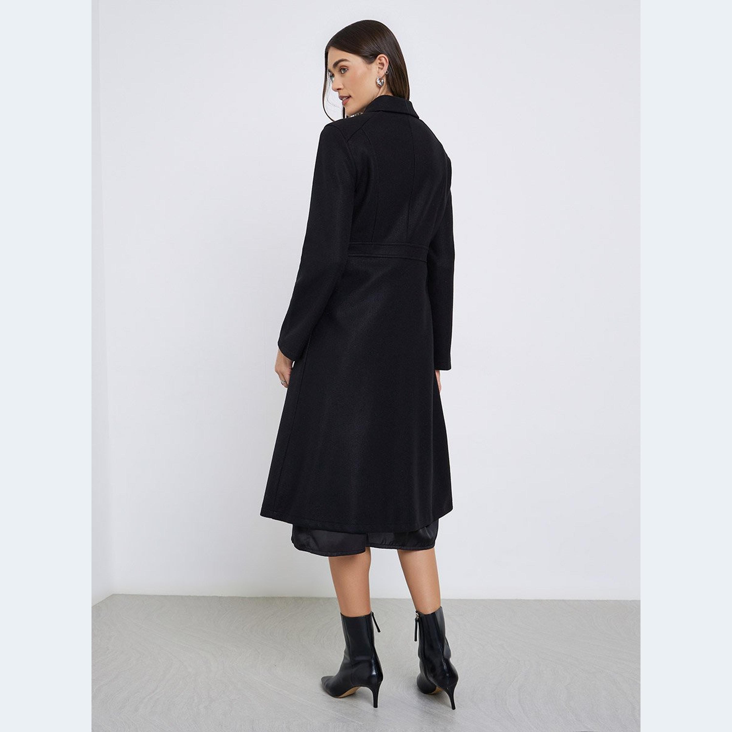 Styli Black Button-Down Knee-Length Coat-women-winterwear-coatsandjackets-coats-image-4