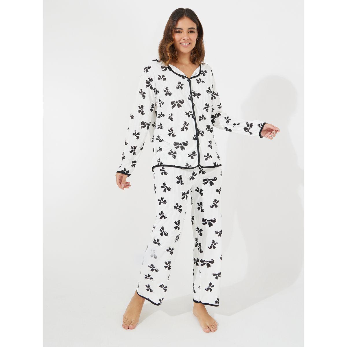 Styli Bowknot Print Long Sleeve Shirt & Pyjama Set-women-clothing-nightwear-pyjamas-longsets-image-1