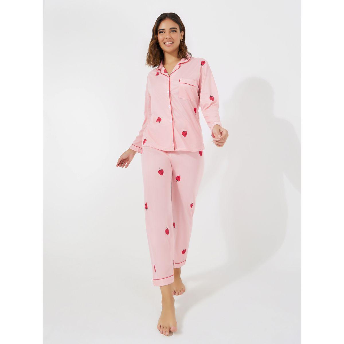 طقم من بنطال بيجاما مع بلوزة بتفاصيل جيب-women-clothing-nightwear-pyjamas-longsets-image-1