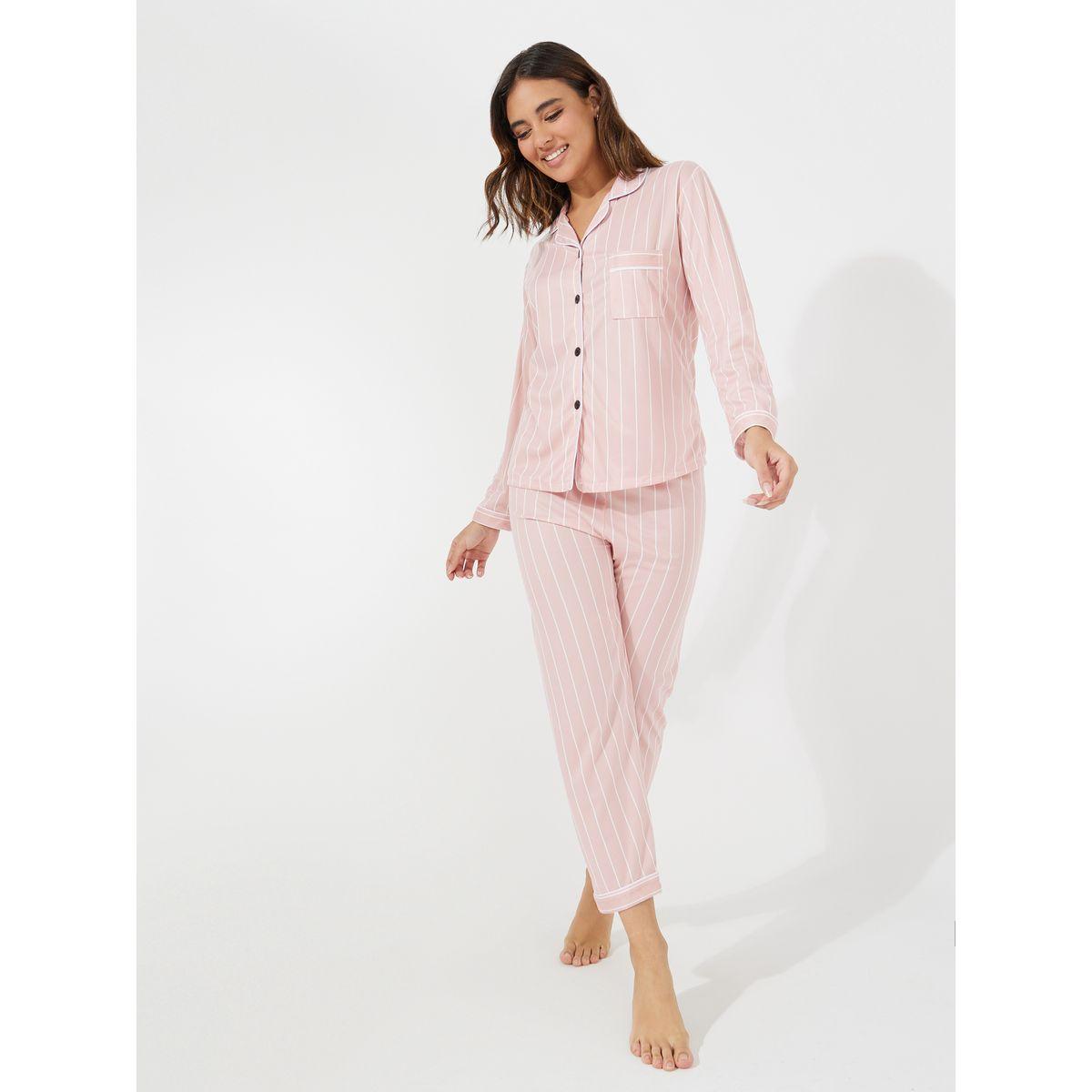 مجموعة من بنطال بيجاما مع بلوزة مخططة وجيب-women-clothing-nightwear-pyjamas-longsets-image-1