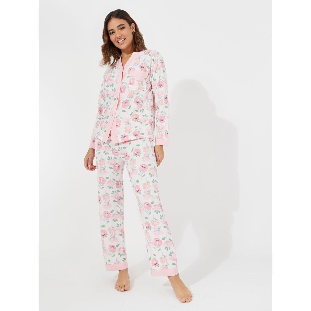 Styli Floral Print Button Placket Shirt & Pyjama Set-women-clothing-nightwear-pyjamas-longsets-image-1