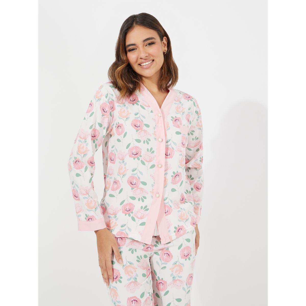 Styli Floral Print Button Placket Shirt & Pyjama Set-women-clothing-nightwear-pyjamas-longsets-image-2