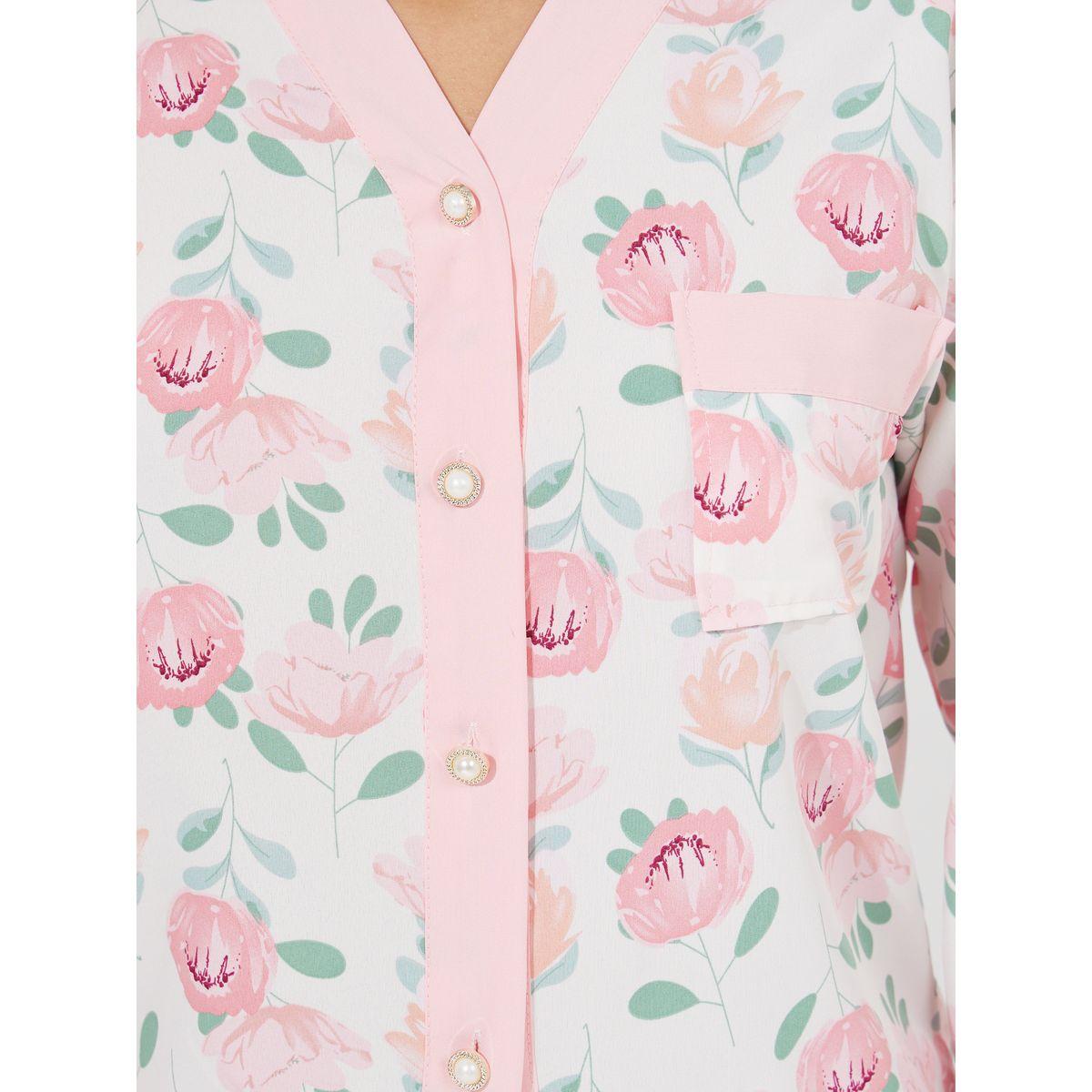 Styli Floral Print Button Placket Shirt & Pyjama Set-women-clothing-nightwear-pyjamas-longsets-image-3