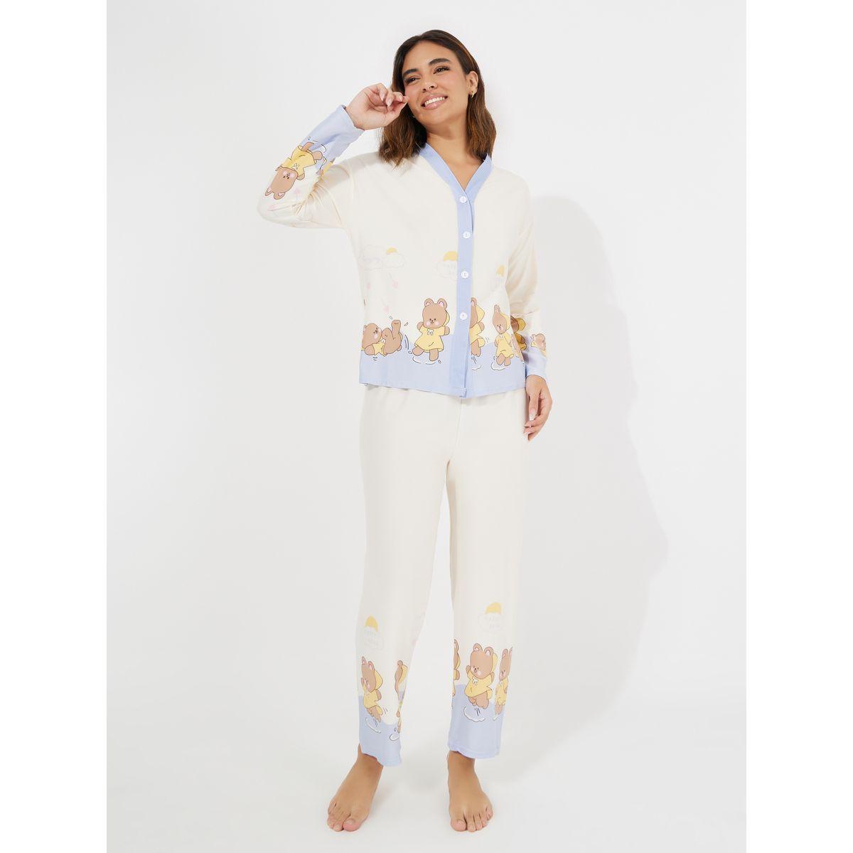 Styli Bear Print Button Placket Shirt & Pyjama Set-women-clothing-nightwear-pyjamas-longsets-image-1