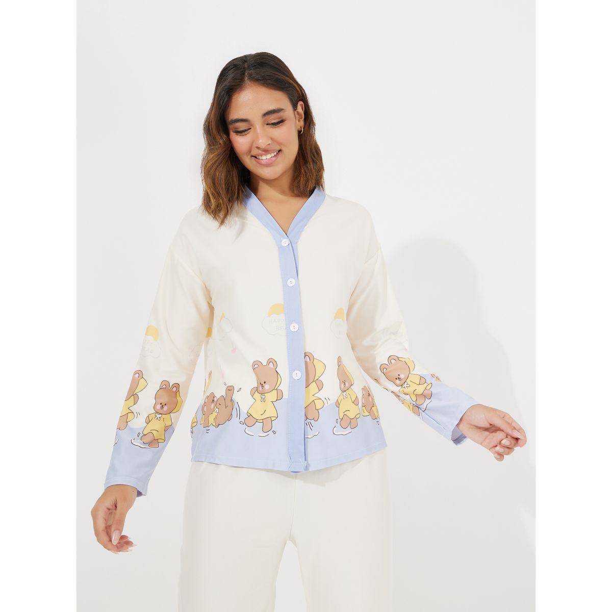 Styli Bear Print Button Placket Shirt & Pyjama Set-women-clothing-nightwear-pyjamas-longsets-image-2