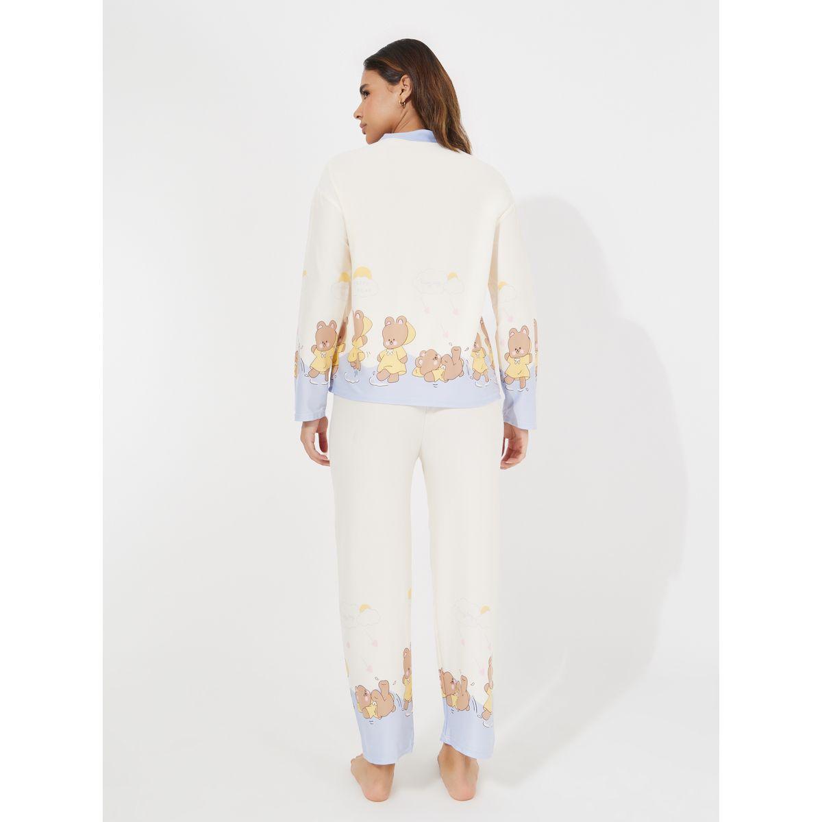 Styli Bear Print Button Placket Shirt & Pyjama Set-women-clothing-nightwear-pyjamas-longsets-image-4