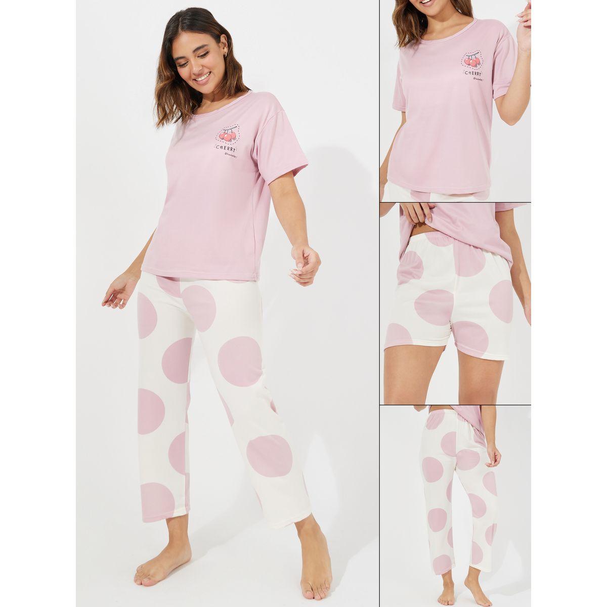 طقم من 3 - بنطال وشورت مع تيشيرت بطبعة كرز-women-clothing-nightwear-pyjamas-longsets-image-1