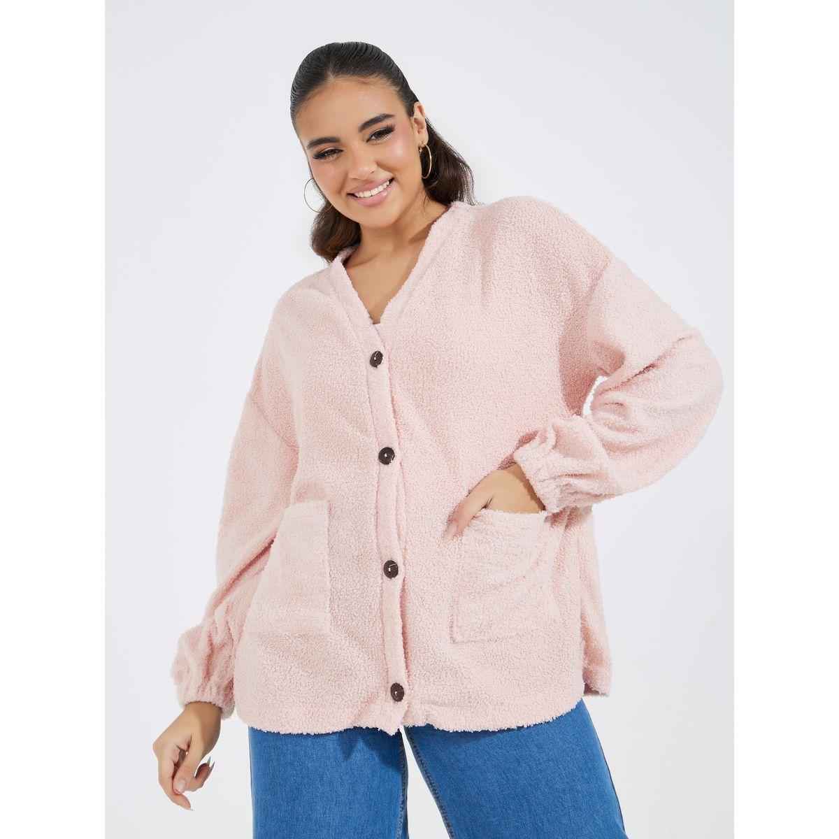 Styli Oversized Teddy Fleece Button Up Jacket-women-winterwear-coatsandjackets-jackets-image-1