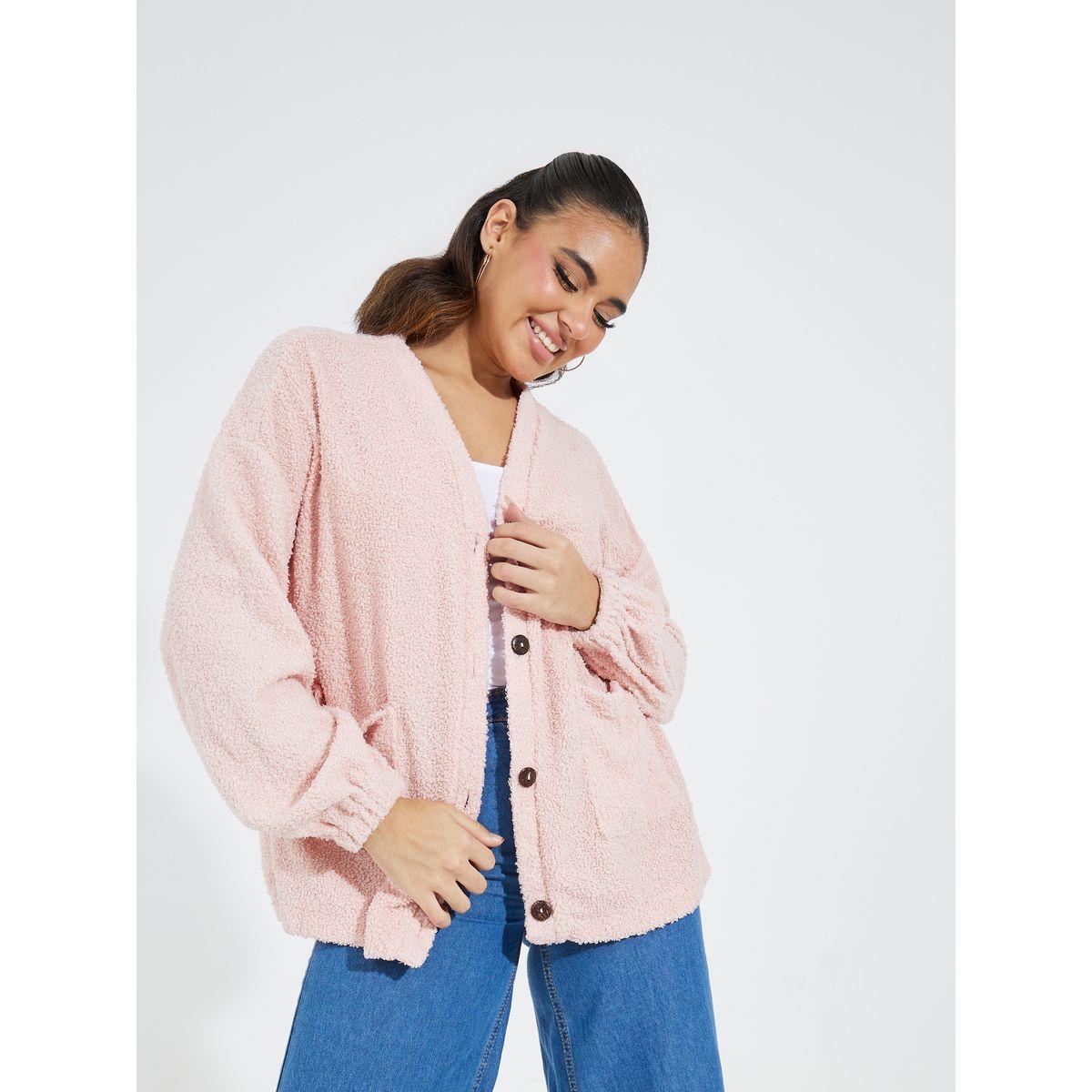 جاكيت فليس تيدي فضفاض بأزرار غلق-women-winterwear-coatsandjackets-jackets-image-4