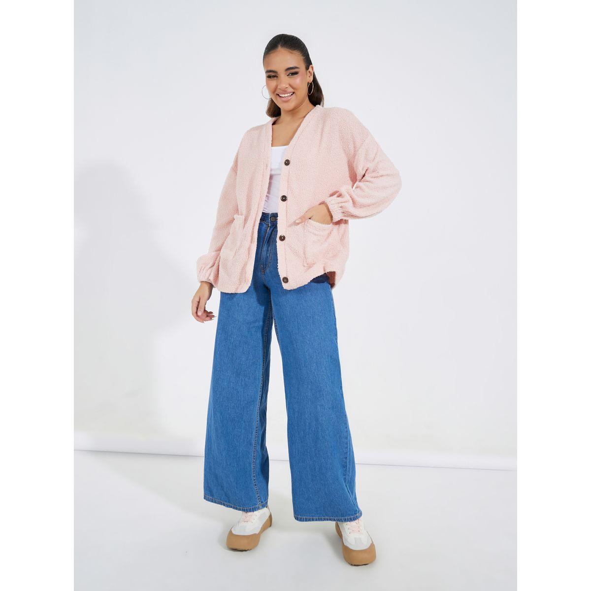 Styli Oversized Teddy Fleece Button Up Jacket-women-winterwear-coatsandjackets-jackets-image-3