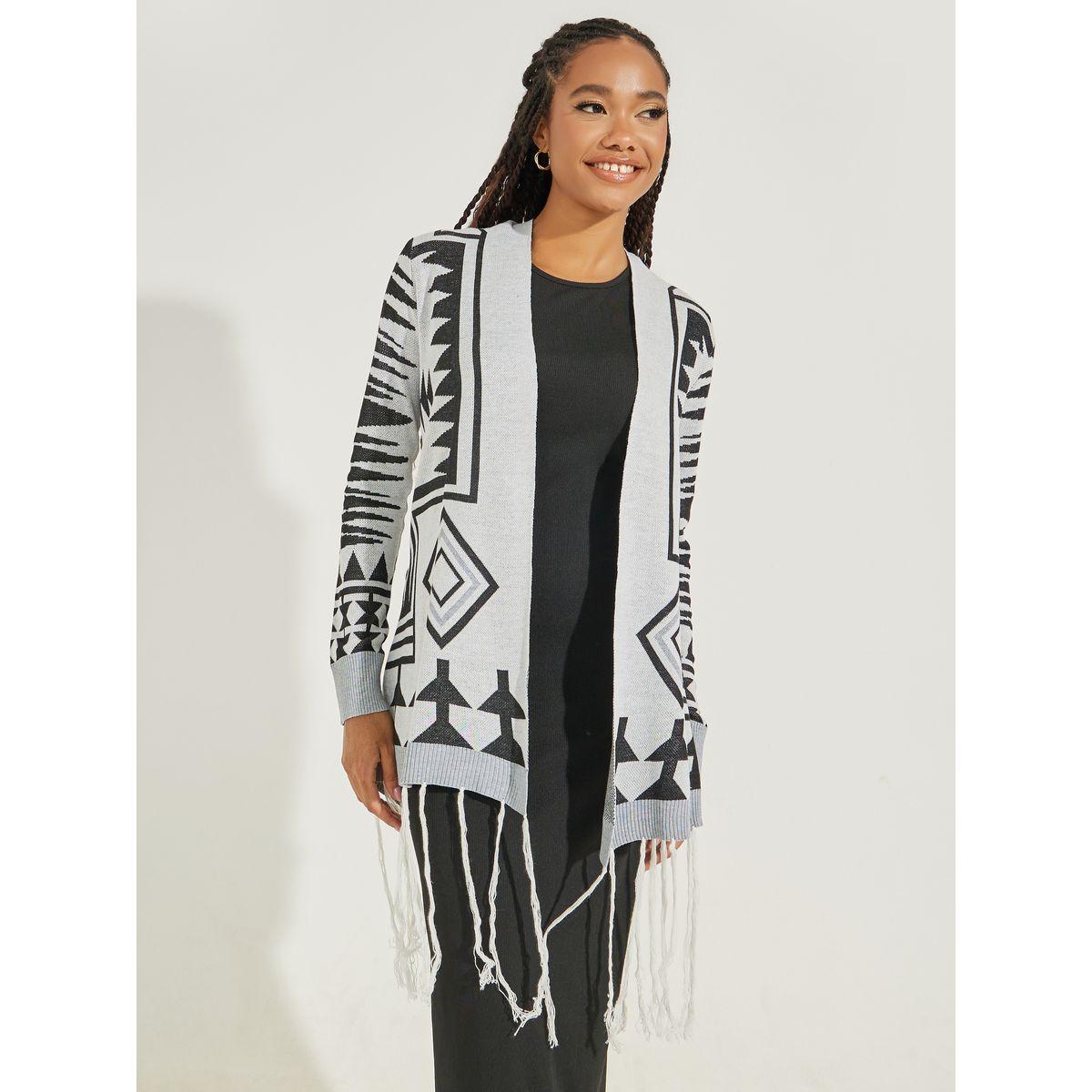 Styli Geometric Print Tasseled Cardigan-women-winterwear-cardigansandjumpers-cardigans-image-1