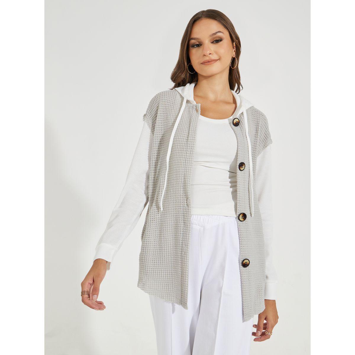 Styli Color Block Textured Hooded Jacket with Buttons-women-winterwear-coatsandjackets-jackets-image-1