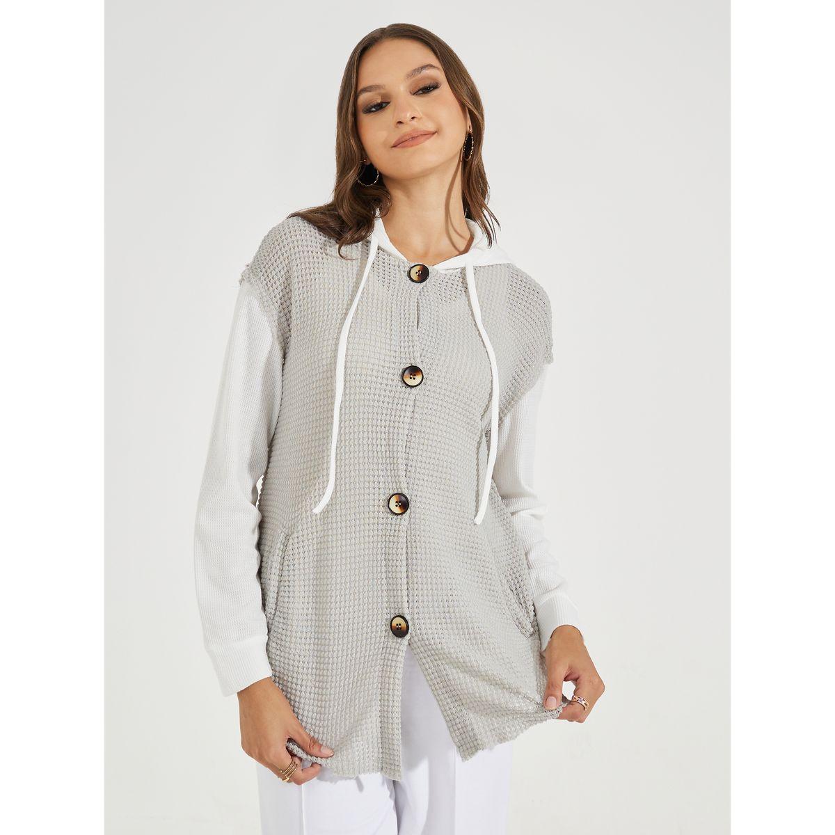 جاكيت بياقة هودي ونمط كتل الالوان مع ازرار-women-winterwear-coatsandjackets-jackets-image-3