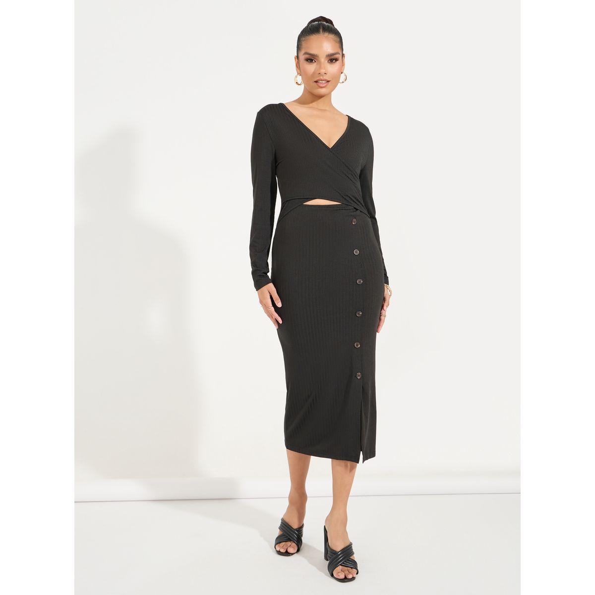 فستان ميدي بديكون مع شق امامي وأزرار-women-clothing-dresses-image-1