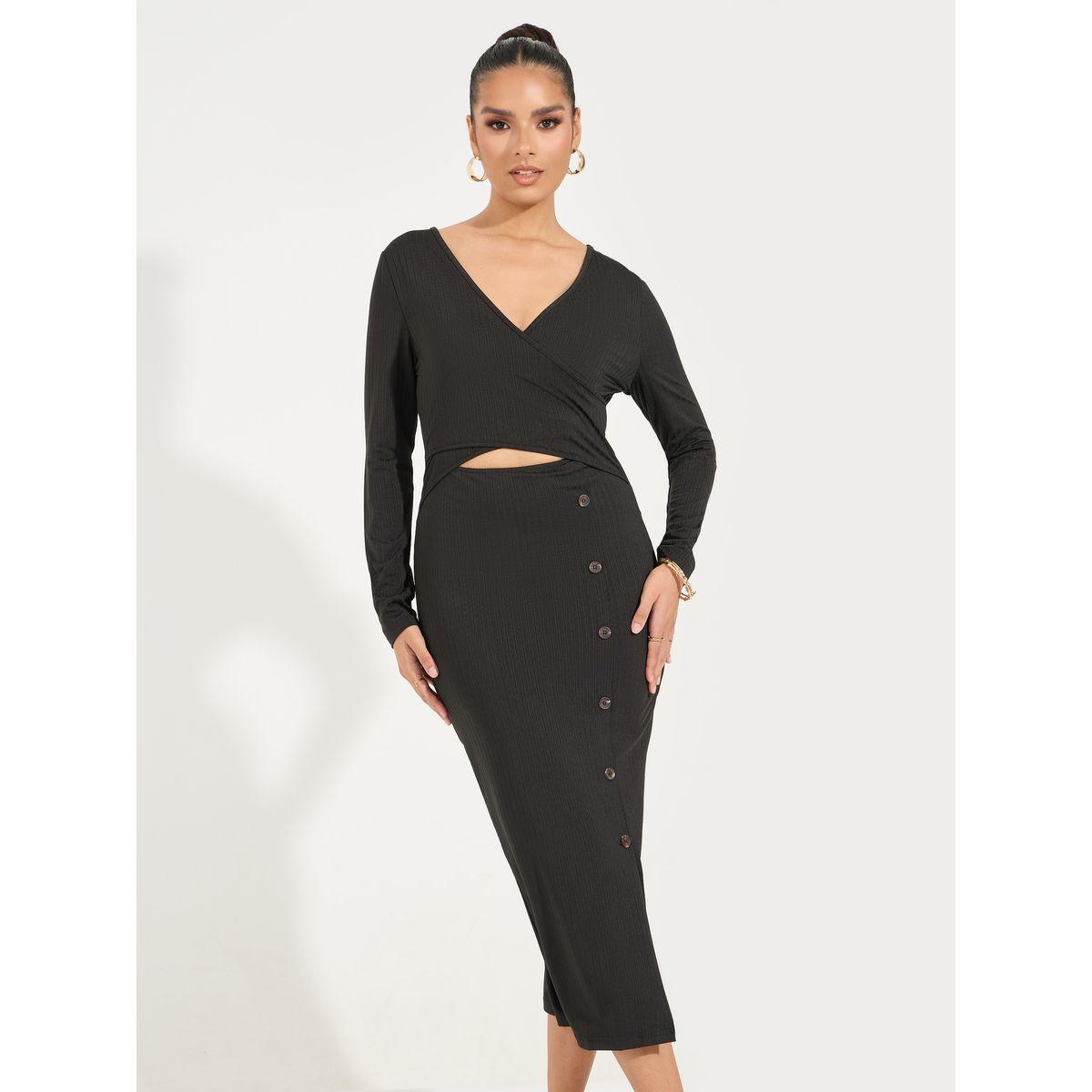 Styli Button Detail Front Slit Bodycon Midi Dress-women-clothing-dresses-image-2