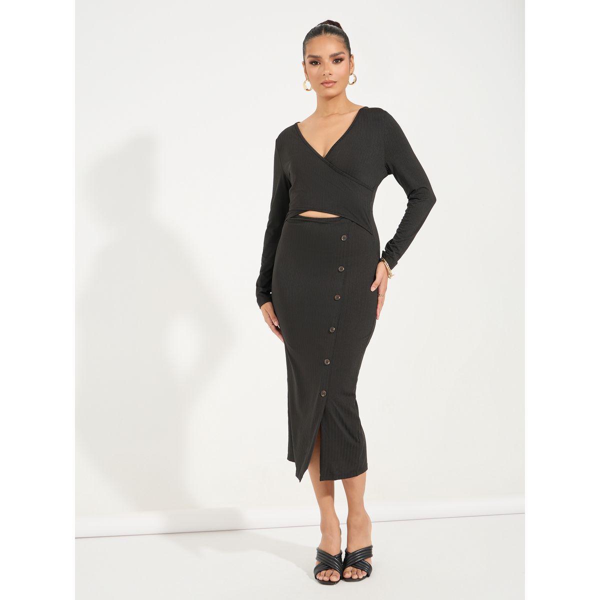 Styli Button Detail Front Slit Bodycon Midi Dress-women-clothing-dresses-image-4