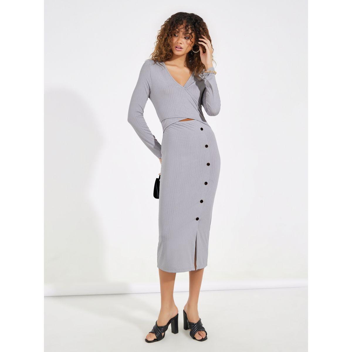 فستان بديكون ميدي بشق امامي وزر إغلاق-women-clothing-dresses-image-1