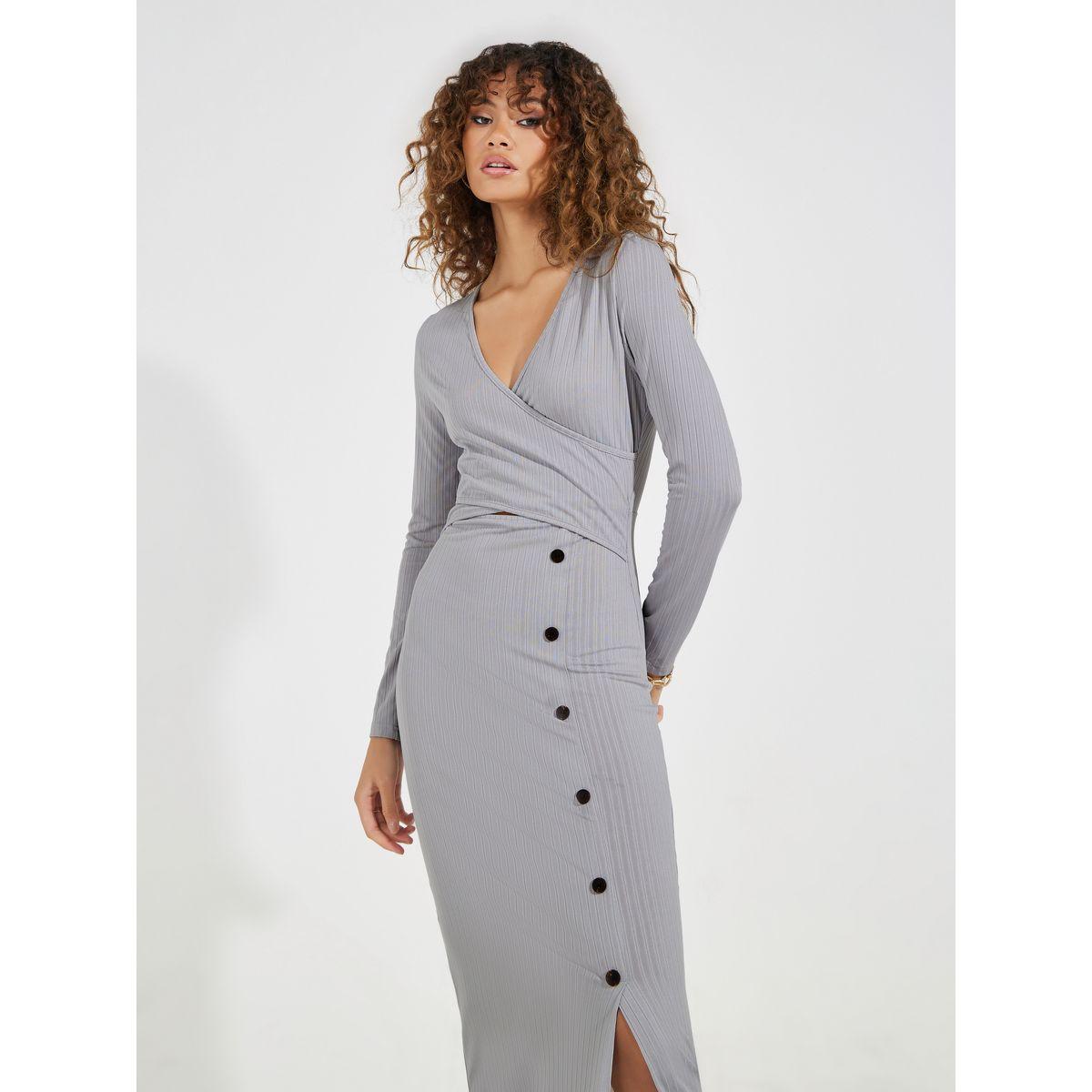 Styli Button Detail Front Slit Bodycon Midi Dress-women-clothing-dresses-image-2