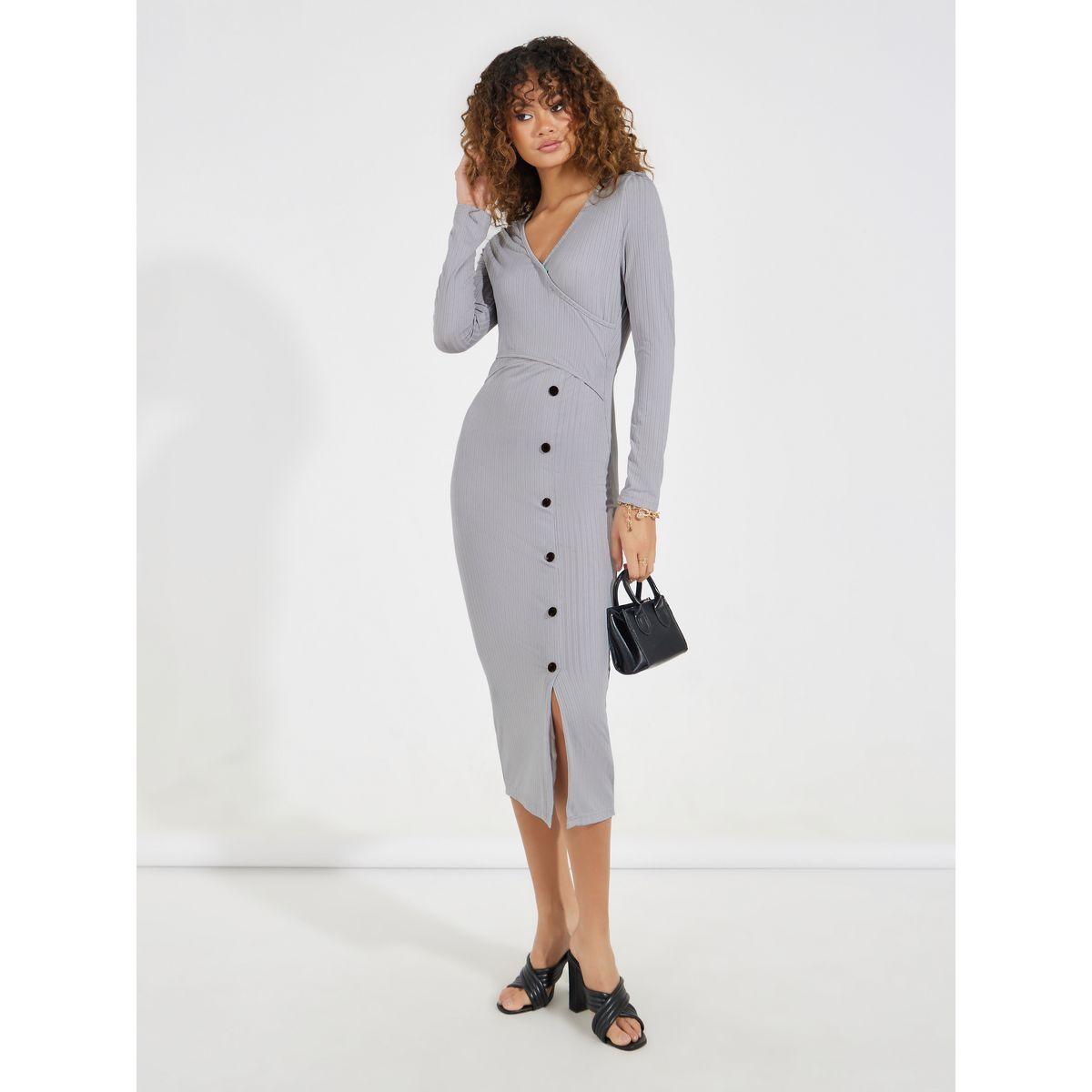 Styli Button Detail Front Slit Bodycon Midi Dress-women-clothing-dresses-image-4