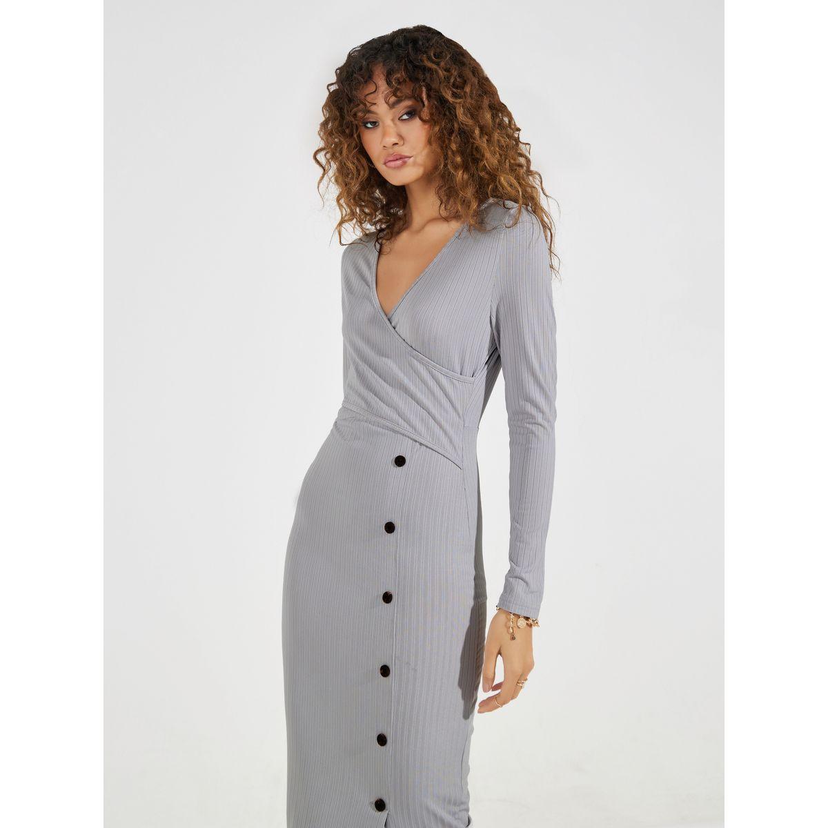 Styli Button Detail Front Slit Bodycon Midi Dress-women-clothing-dresses-image-5
