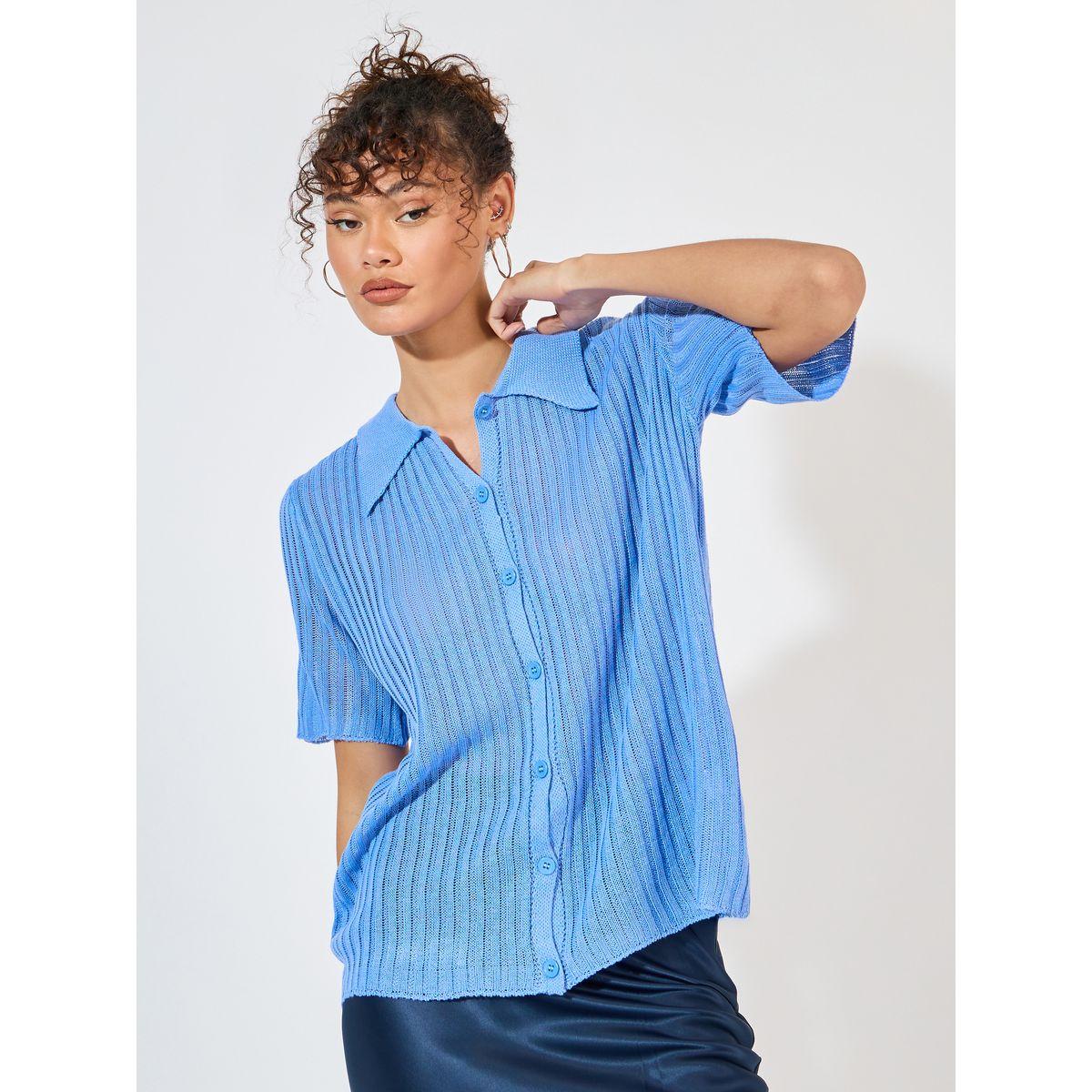 Styli Ribbed Knit Relaxed Fit Short Sleeves Shirt-women-clothing-shirtsandblouses-shirts-image-1