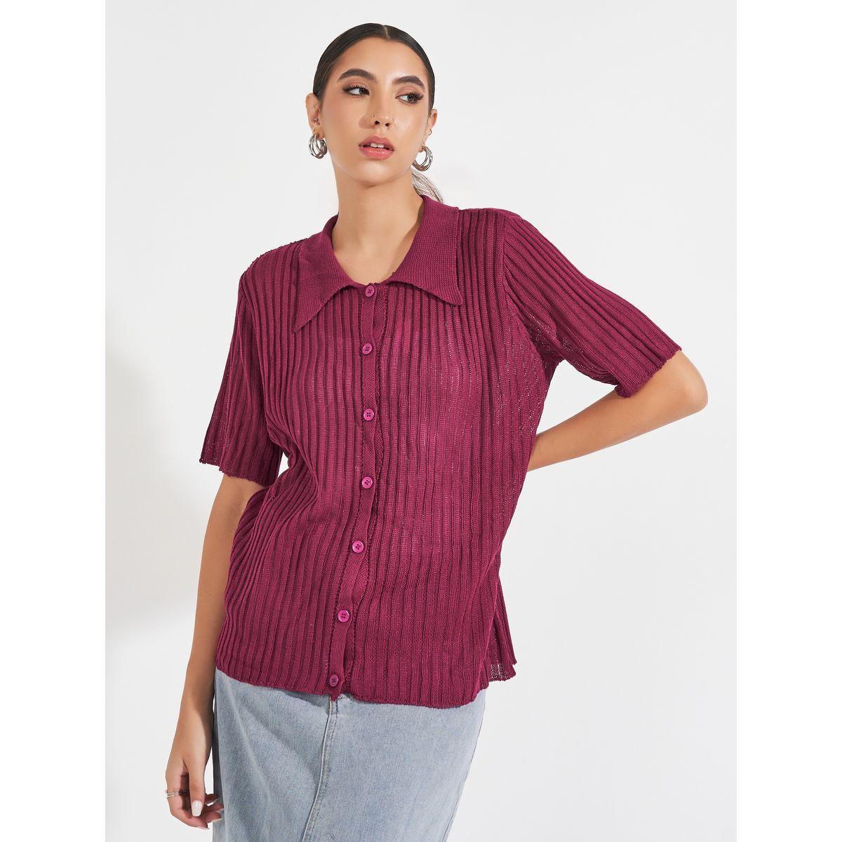 بلوزة مضلعة بقصة مريحة وأكمام قصيرة-women-clothing-shirtsandblouses-shirts-image-1