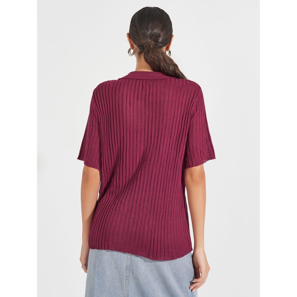 بلوزة مضلعة بقصة مريحة وأكمام قصيرة-women-clothing-shirtsandblouses-shirts-image-4