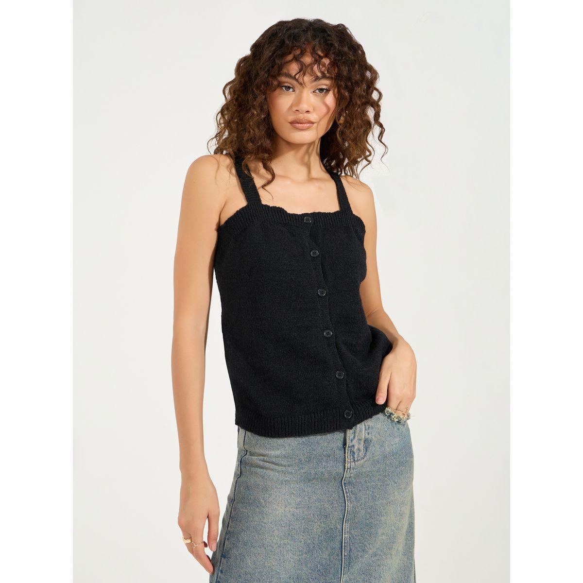 Styli Flat Knit Cami Top with Front Button Detail-women-clothing-tshirts-image-1